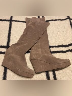 Diane Von Furstenberg Vintage Taupe Suede Over-the-Knee Wedge Boots